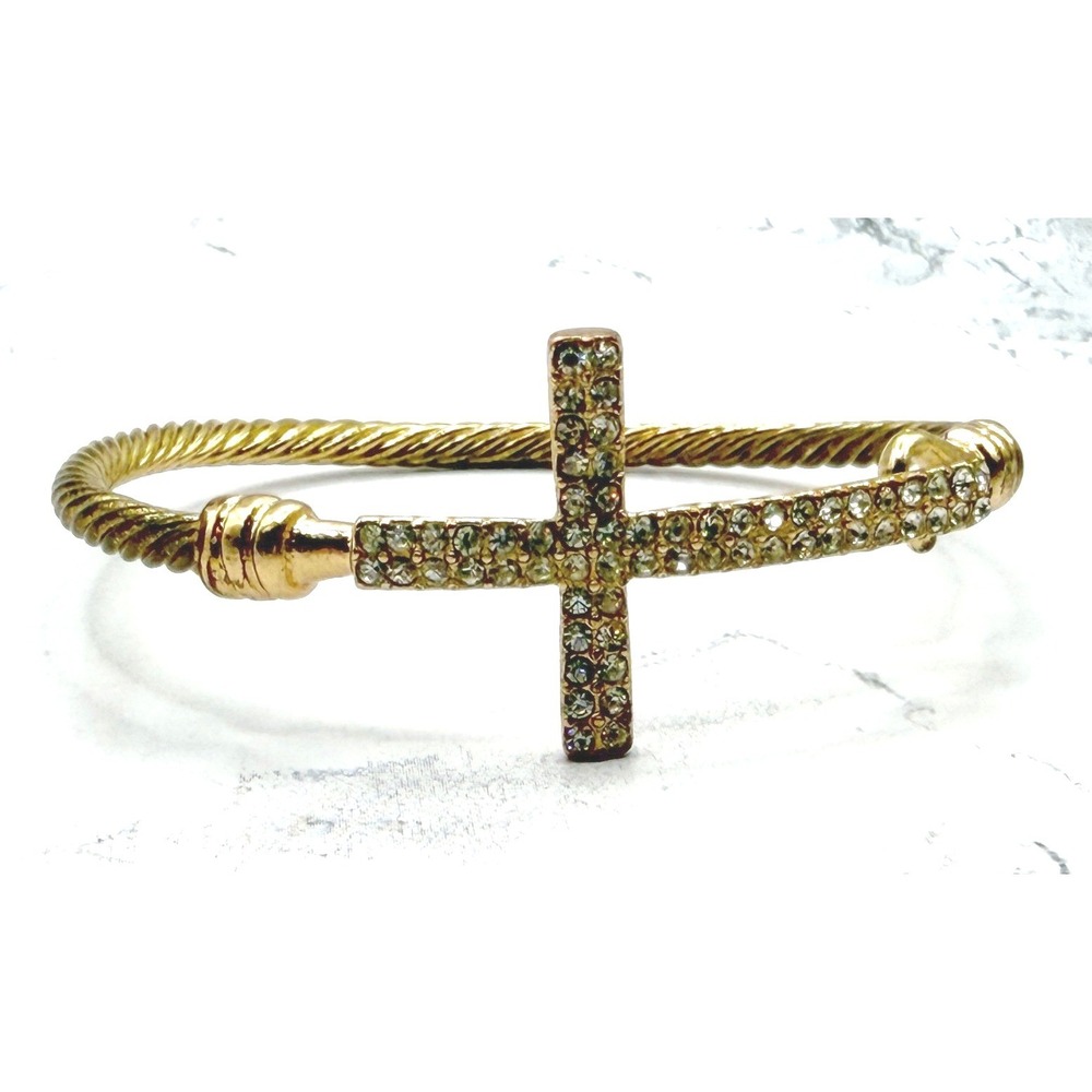 Gold Tone Rhinestone Cross‎ Bracelet 6.25" Hook Closure Dainty Faith